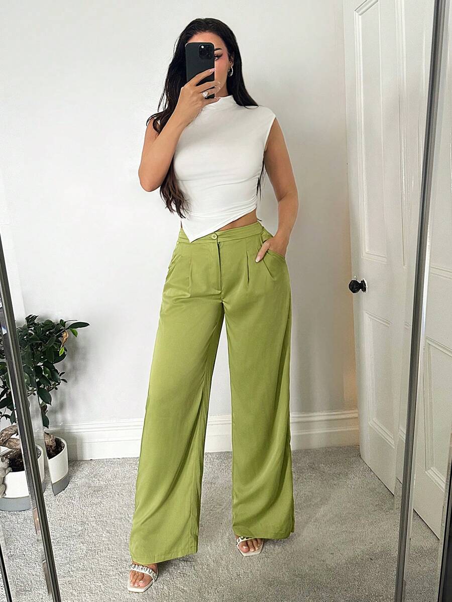 SHEIN SXY Women Casual Business Casual Solid Color Pleated Chino Pants High Waisted Pants In Summer Teachers' Day Office Olive Green - Green - View 1