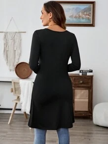 Faunlyn Women Spring/Autumn Casual Solid Asymmetric Hem T-Shirt - Black - View 2