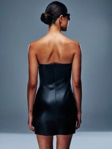 SHEIN Unity Super Large Belted Strapless PU Bodycon Dress - Black - View 2