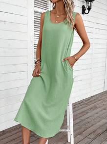 SHEIN LUNE 女士纯色简约日常无袖连衣裙 - 綠色 - 查看 4