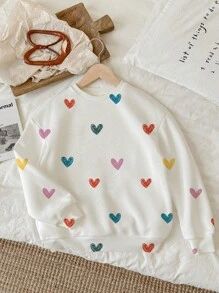 SHEIN EZwear Casual Cute Cute White Heart Print Loose Fit Crew Neck Long Sleeve Sweatshirt For Women, Autumn Back-To-School School - White - View 1