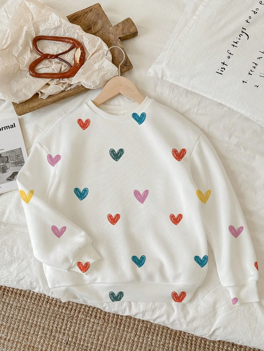 SHEIN EZwear Casual Cute Cute White Heart Print Loose Fit Crew Neck Long Sleeve Sweatshirt For Women, Autumn Back-To-School School - White - View 1