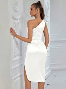Elisanya One Shoulder Solid Color Pleated Accent Front Slit Cocktail Party Date Night Dress - White - View 2