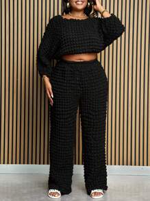 Slaydiva Women Plus Size Casual Fall Black Textured Fabric Dolman Sleeve Top & Pants, Fall Two Pieces Outfit