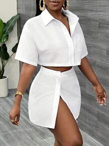 Slaydiva Casual Beach/Boho/Boho Women's Clothing/Festival Outfits For Women/Rave/Easter Outfit Women/Old Money Style Women/Country Concert Outfit/Going Out Outfits/Fairycore/Festival Outfits/Airport Outfit For Women/Western Outfits For Women/Tropical Vacation Women Clothes Shirt Collar Short Sleeve Cropped Top And Split Mini Skirt Two Pieces Set - F - White - View 3