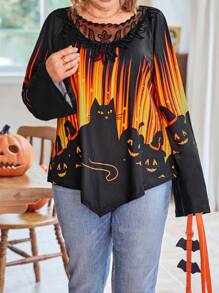 EMERY ROSE Plus Size Women Halloween Theme Cat Print Crew Neck Long Sleeve T-Shirt - Multicolor - View 6