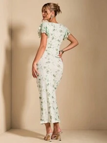 SHEIN BAE Women Ruffled Bodycon Dress With Floral Print And Spaghetti Strap Deep V-Neck Long Dress