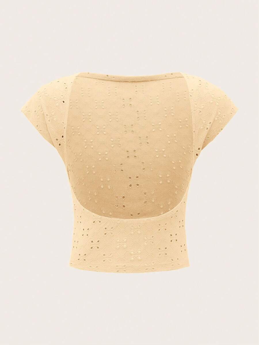 SHEIN ICON Solid Eyelet Embroidery Backless Crop Tee - Yellow - View 1