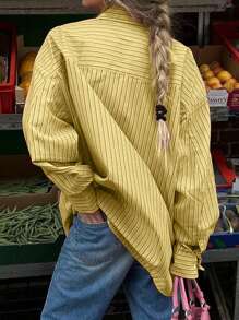 INAWLY 女士纯色前扣口袋休闲长袖衬衫 - 黃色 - 查看 2