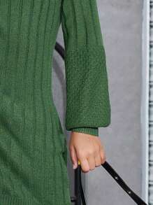SHEIN Girls' Turtleneck Knit Midi Dress, Oversized And Relaxed Fit - Army Green - View 7
