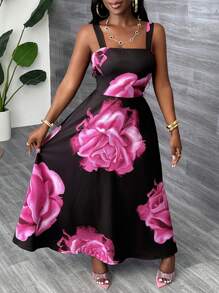 Slaydiva Summer New Style Casual Holiday Elegant Daily Date Vest Wide Strap Waist A-Line Skirt Full Black Bottom Red Flower Print Women's Long Dress