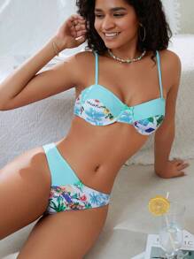SHEIN Swim Conjunto de bikini sexy para mujer con estampado de plantas tropicales para playa de verano - Multicolor - Ver 5