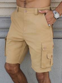 Manfinity Homme Pantalones cortos de bolsillo sencillos de unicolor para hombres, de uso diario - Caqui - Ver 4