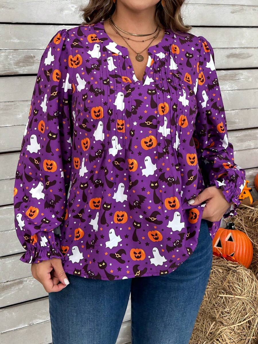 Plus Size Women Pumpkin Print V-Neck Long Sleeve Loose Blouse, Spring/Summer