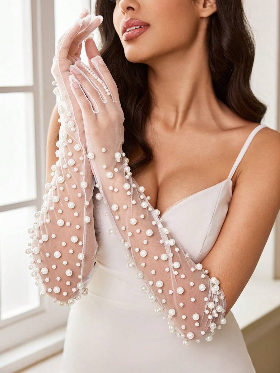 SHEIN Belle 1 Cặp Găng tay ren ngón dài đính ngọc trai/vỏ sò dễ thương sang trọng dành cho nữ, thích hợp cho đám cưới, tuần trăng mật, tiệc tùng - trắng - Xem 1