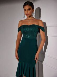 SHEIN Belle Robe de bal vert émeraude à épaules dénudées, décorée de sequins, plissée avec volants à l'ourlet. Design élaboré, élégante robe de soirée semi-formelle pour le bal de promo, anniversaire, mariage, remise des diplômes, Noël - Vert sapin - Voir 6