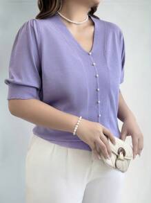 EMERY ROSE Blusa de punto de manga corta abullonada con cuello en V y unicolor, para mujer talla grande, para verano, otoño e invierno - Púrpura malva - Ver 6