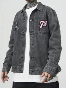 Manfinity Homme Chaqueta vaquera casual con cuello de solapa, botones delanteros, manga larga y estampado de letras para hombres