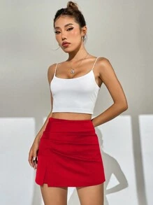 SHEIN EZwear Trang Phục Mùa Hè Màu Đen Trơn Cao Cấp Chia Viền Váy - Đỏ - Xem 5