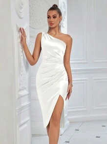 Elisanya One Shoulder Solid Color Pleated Accent Front Slit Cocktail Party Date Night Dress - White - View 5