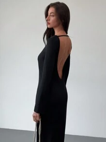 Aloruh Đầm dài tay hở lưng gợi cảm cổ tròn đơn giản mới cho nữ, Đầm lớp lót đa năng cho mùa thu đông, Quần áo màu đen - màu đen - Xem 4