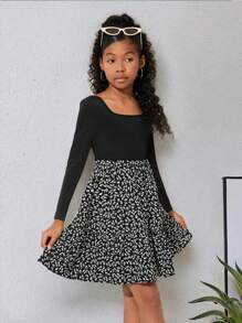 SHEIN Tween Girls' Streetwear Ditsy Floral Patchwork Knit Crew Neck Long Sleeve Dress