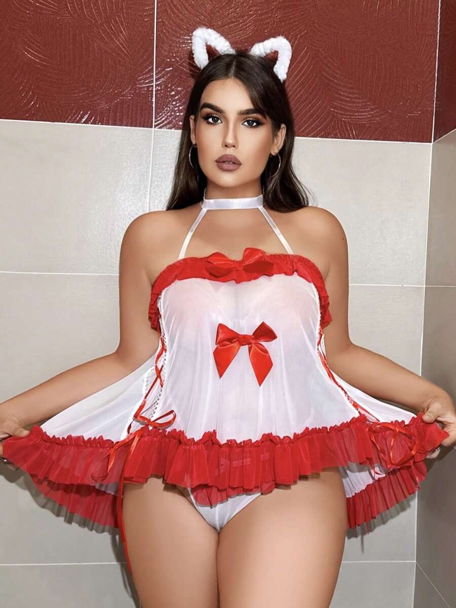 SHEIN Spicy Aura Trang phục mèo hầu gái gợi cảm có thể điều chỉnh nơ, màu đỏ với viền xếp nếp màu trắng, cỡ lớn, dễ thương và ngọt ngào - Nhiều màu - Xem 1