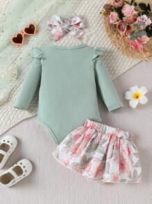 Conjunto de ropa para bebé niña recién nacida que incluye: body de manga larga con cuello redondo y decoración de volantes + vestido body con estampado floral y cintura elástica, con accesorio para el cabello - Multicolor - Ver 2