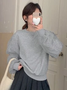 DAZY Women's Sequin Mesh Splice Round Neck Loose Sweatshirt,Fall Clothes - Grey - View 1