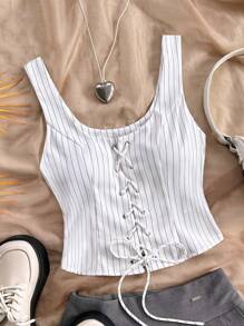 Soleia Casual Holiday Stripes Front Tie Design Women Tank Top - White - View 4