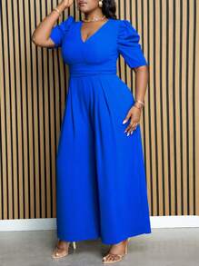 Slaydiva Plus Size Women's Elegant Short Puff Sleeve Jumpsuit With Low-Cut Neckline