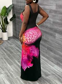 Slaydiva New Casual And Elegant U-Neck Sleeveless Slim Long Dress Black Bottom Large Flower Print Women's Long Dress - Multicolor - View 2