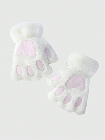 Kawaii Cat Paw Design Fuzzy Fingerless Gloves