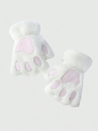 Kawaii Cat Paw Design Fuzzy Fingerless Gloves