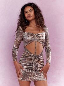 MISSGUIDED Leopard Print Satin Ruched Cut-Out Long Sleeves Bardot Bodycon Mini Dress - Multicolor - View 1