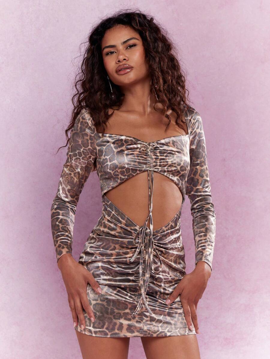 MISSGUIDED Leopard Print Satin Ruched Cut-Out Long Sleeves Bardot Bodycon Mini Dress - Multicolor - View 1
