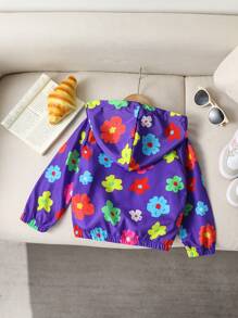 SHEIN Jong meisje Casual all-match Veelzijdige herfst/winter nieuwe collectie Schattig patroon Bloemenprint Marineblauw jack met capuchon en ritssluiting, geschikt voor herfst, winter, vrijetijdskleding, homewear, dagelijks gebruik, koud weer, winddicht, regendicht, gelaagdheid