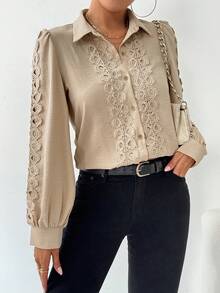 SHEIN Clasi 女式纯色刺绣拼布长袖纽扣简约休闲衬衫 - 杏色 - 查看 5