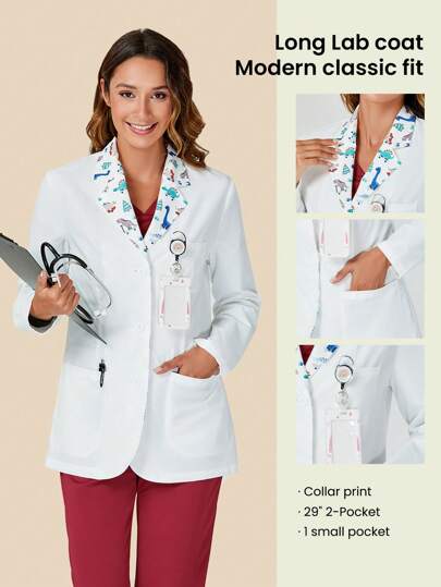 TaskEZ Women Scrubs Uniform White Coat Minimalist Women's 29" 3-Pocket Collar Print STRETCH Lab Coat
