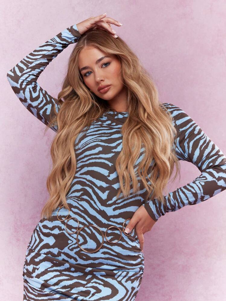 MISSGUIDED Zebra Print Long Sleeves Side Ruched Slit Maxi Dress | SHEIN USA