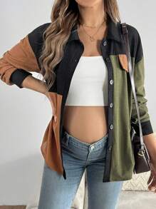 SHEIN Pregnant Women Casual Colorblock Button Front Long Sleeve Jacket, For Maternity, For Winter - Multicolor - View 1