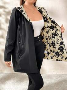 SHEIN Clasi Reversible Windbreaker Jacket, & Print On One Side, Solid Color On The Other Side, Plus Size, Autumn Winter Fall - Camel - View 7