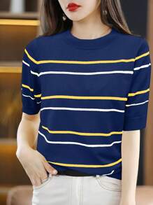 SHEIN Unity Blusa de punto de manga corta con rayas de contraste para mujer