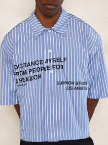 SUMWON Crop Fit Stripe Shirt With Letter Graphic Print - Blue - View 3