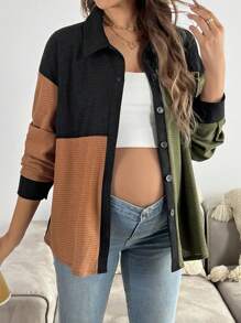 SHEIN Pregnant Women Casual Colorblock Button Front Long Sleeve Jacket, For Maternity, For Winter - Multicolor - View 4