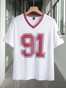 INAWLY 女式夏季 V 领短袖休闲 T 恤，带 91 数字印花，图案 T 恤图案 T 恤女式上衣 - 白色 - 查看 3