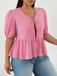SHEIN EZwear Plus Size In Kẻ Sọc Ruffle Hem Tie Mặt Trước Sơ Mi Thường Ngày - Hồng - Xem 5