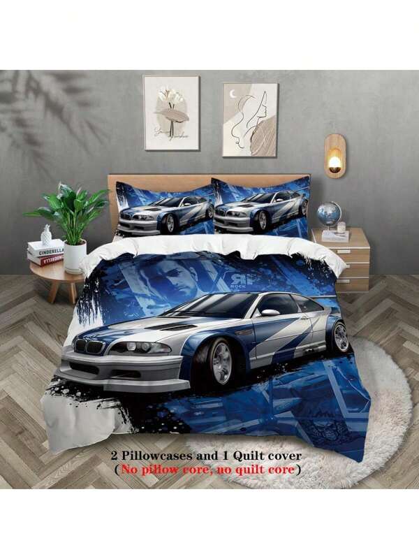 Juego de ropa de cama de 3 piezas con estampado del clásico coche deportivo BMW M3 de impresión digital 3D - 1 funda de edredón + 2 fundas de almohada sin relleno. Suave, cálido y cómodo, lavable a máquina, adecuado para todas las estaciones.