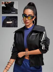 Innovista Damen Kontrast-Farbung einfacher bedruckter Langarm Sport Jacke, schwarze Jacken für Damen, Trainingsanzug