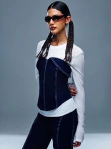 SHEIN Unity 牛仔拉链前折叠无肩带上衣 - 寶藍色 - 查看 4